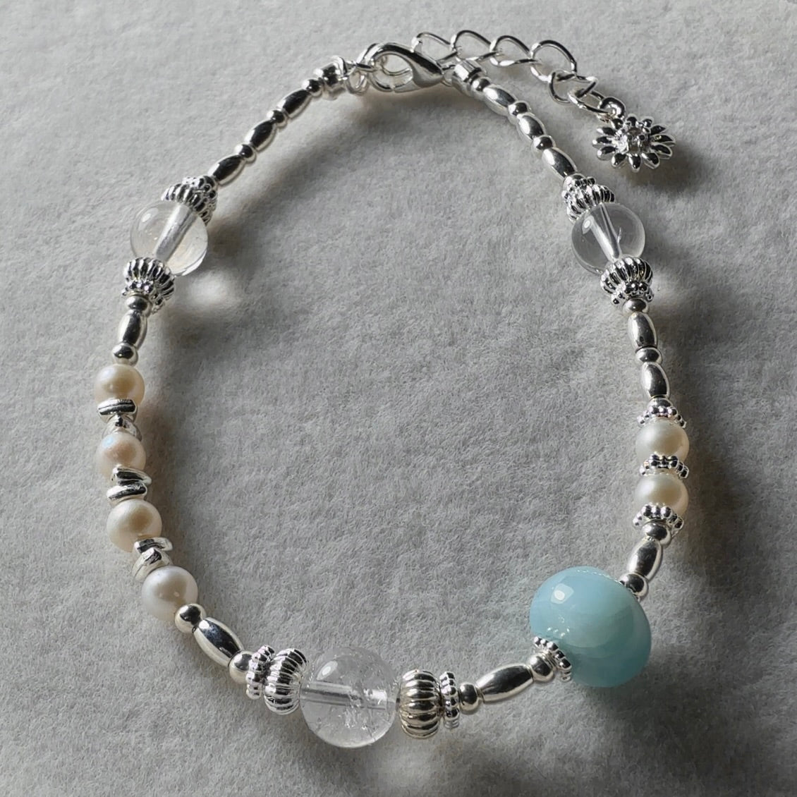 Larimar, Clear Quartz, Pearl Bracelet