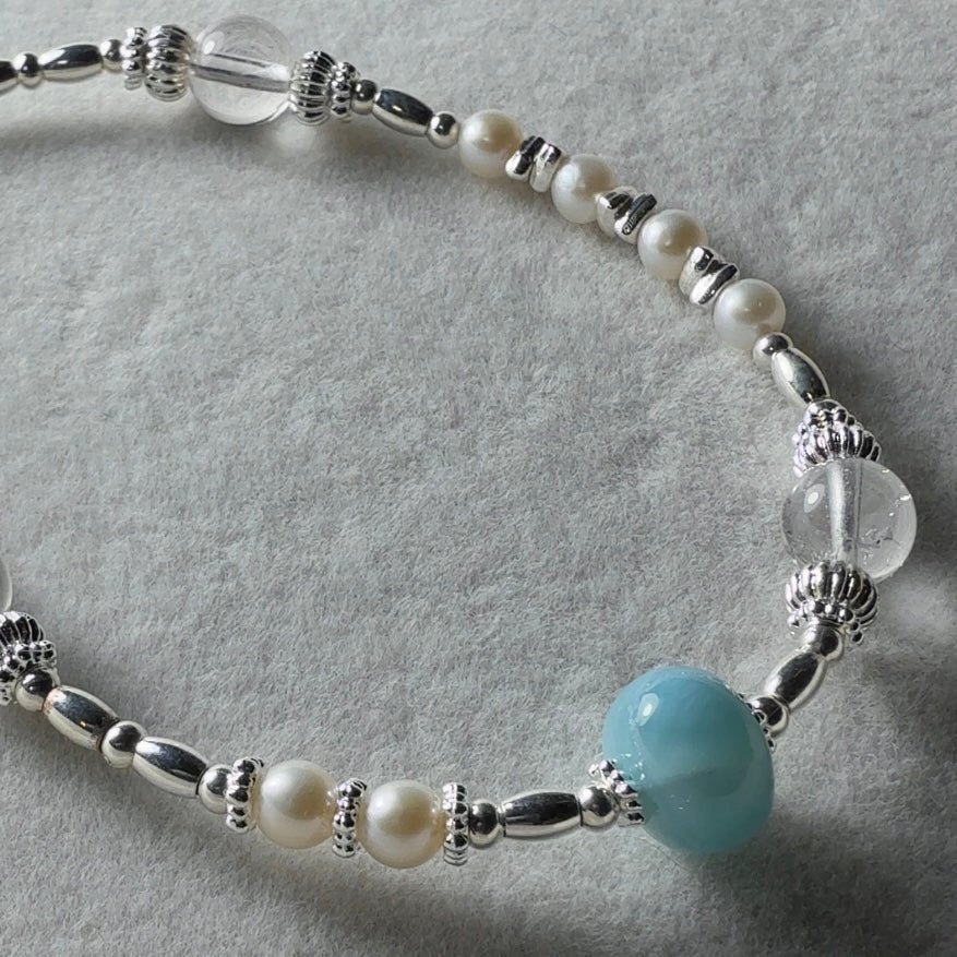 Larimar, Clear Quartz, Pearl Bracelet