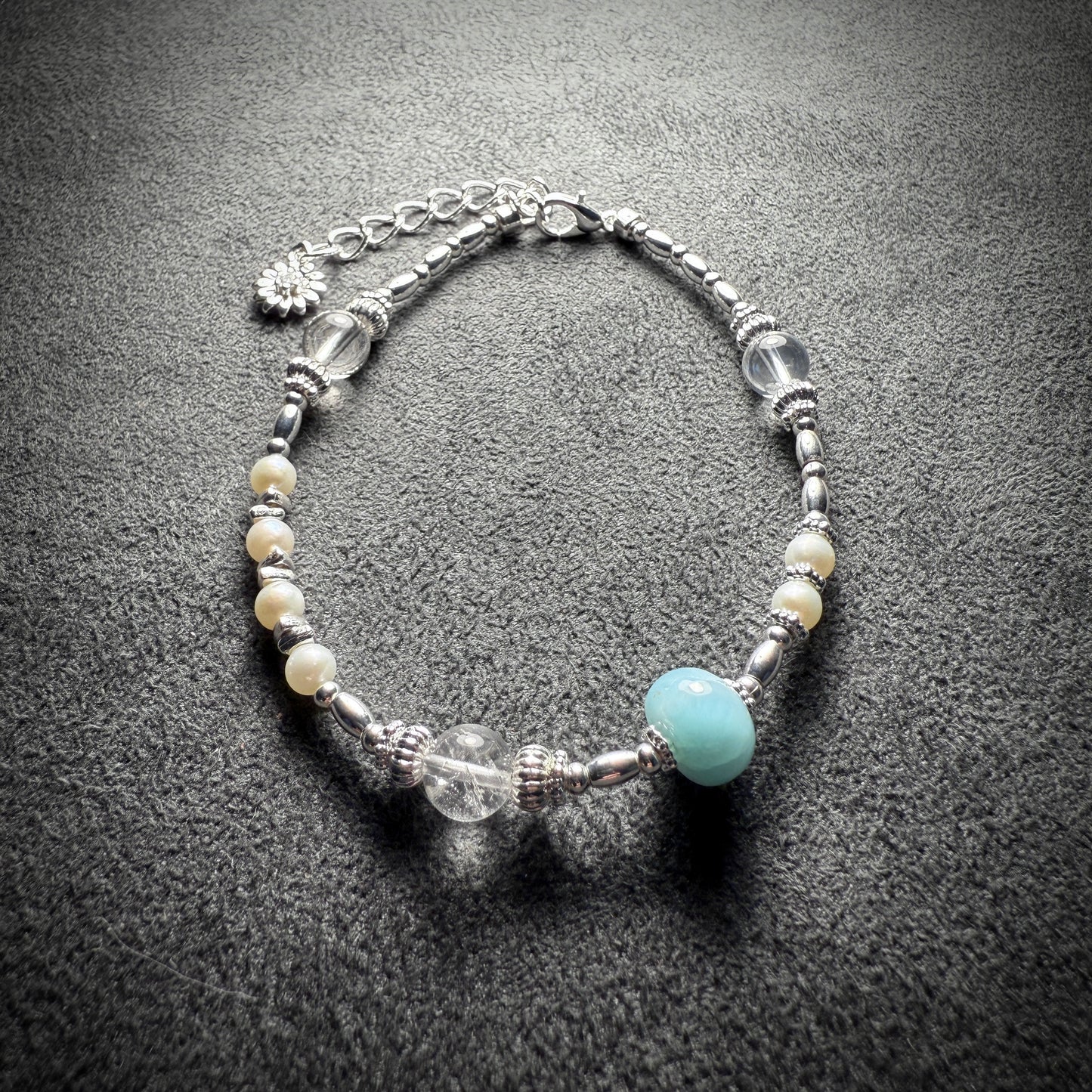 Larimar, Clear Quartz, Pearl Bracelet