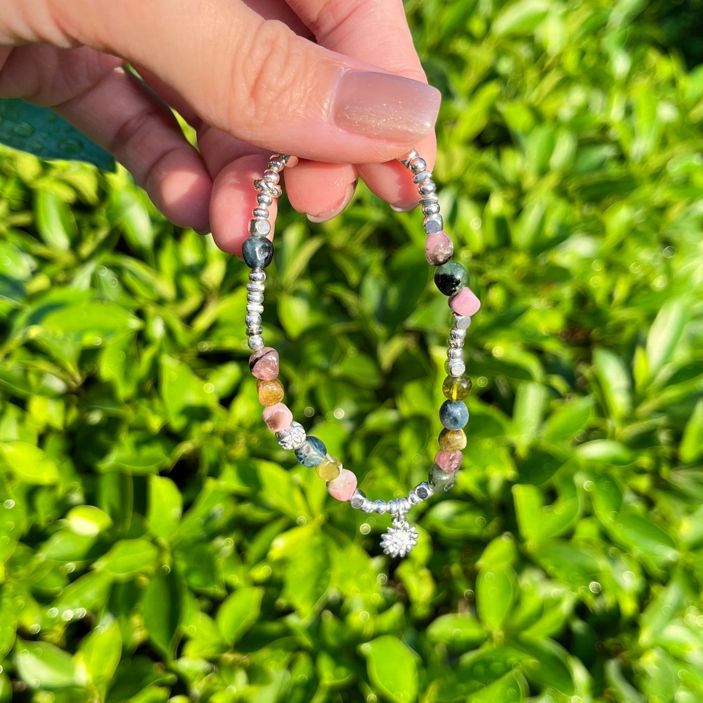 Tourmaline with Silver Flower centerpiece Bracelet